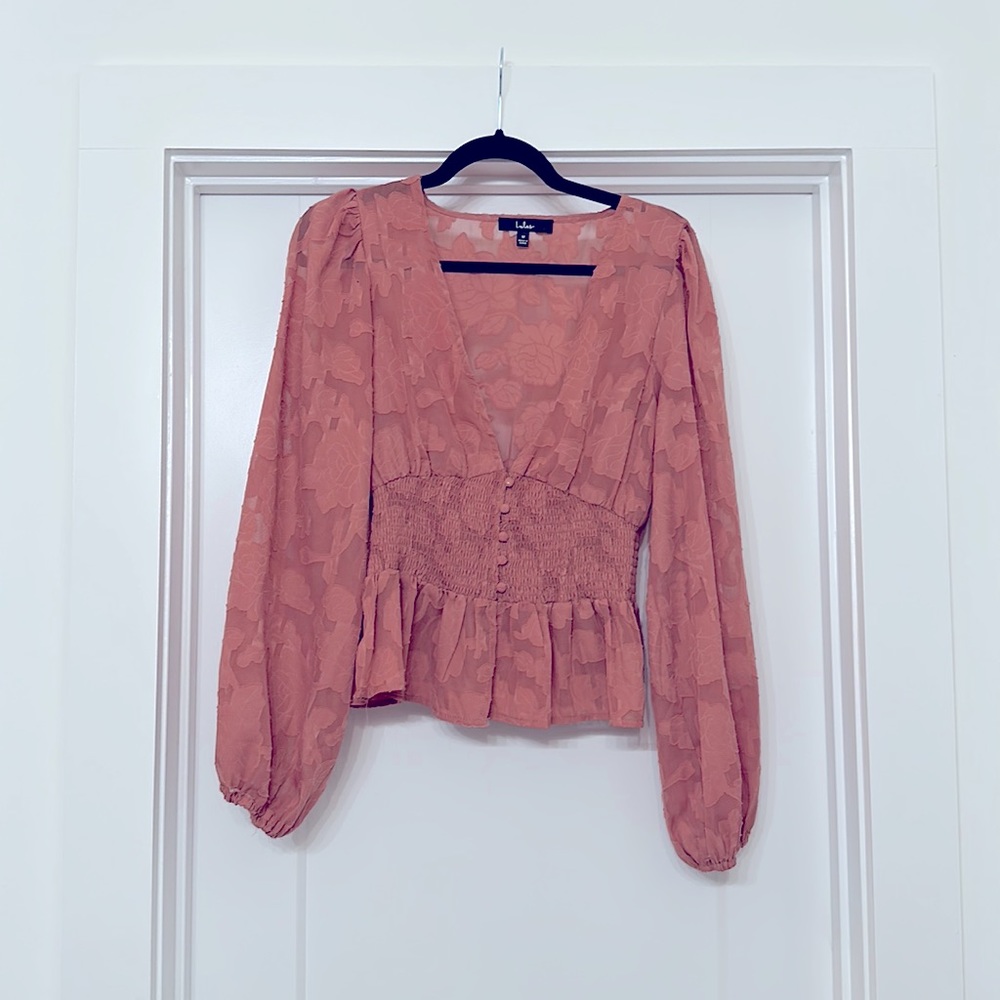 Patio Date Rusty Rose Floral Jacquard Button-Up Long Sleeve Top